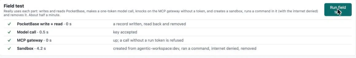 Administration → Health, field test: PocketBase write + read, model call, MCP gateway refusing a call without a run token, sandbox created, command run, internet denied, removed