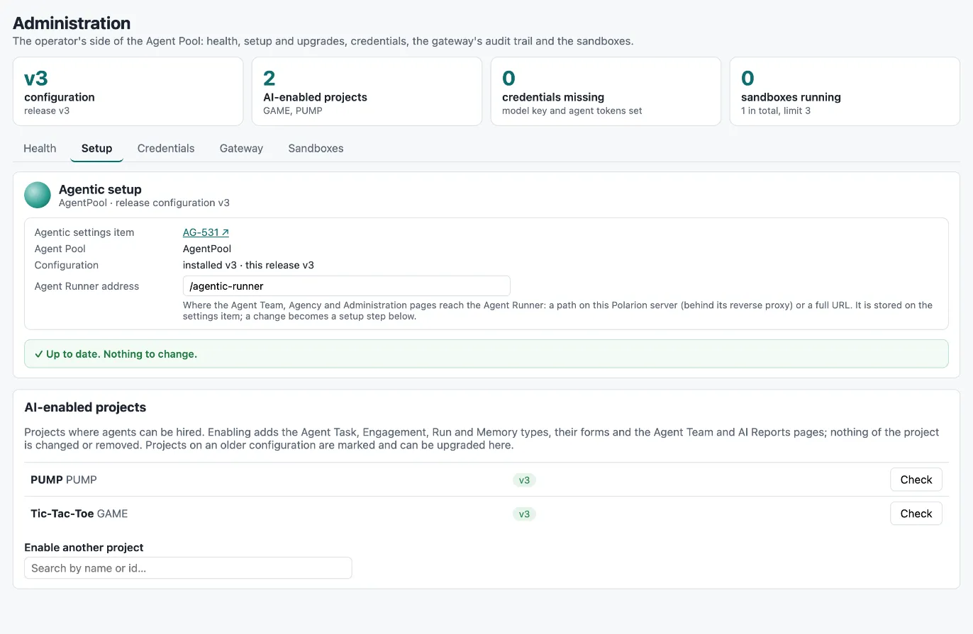 Administration → Setup: the AI-enabled projects list with configuration versions and the search box to enable another project
