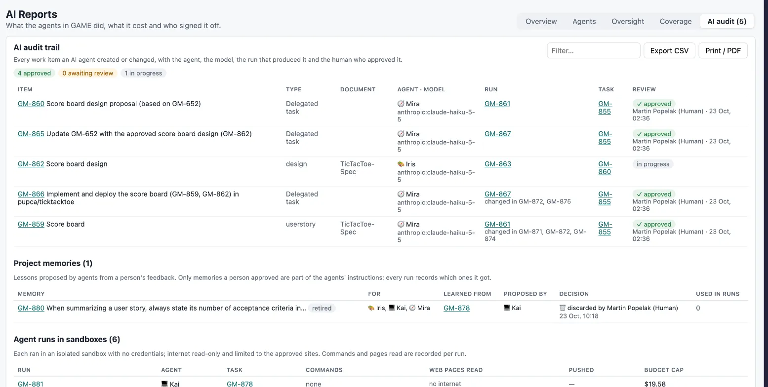 The AI audit: items, approvals, project memories and sandbox runs