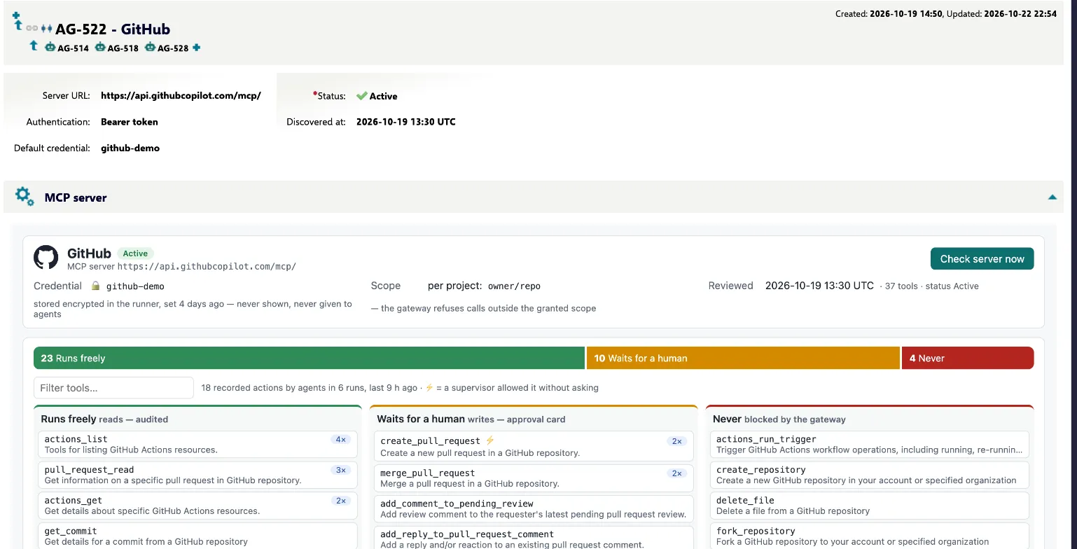 The MCP server panel on a connection: credential, scope, review date and the tool policy