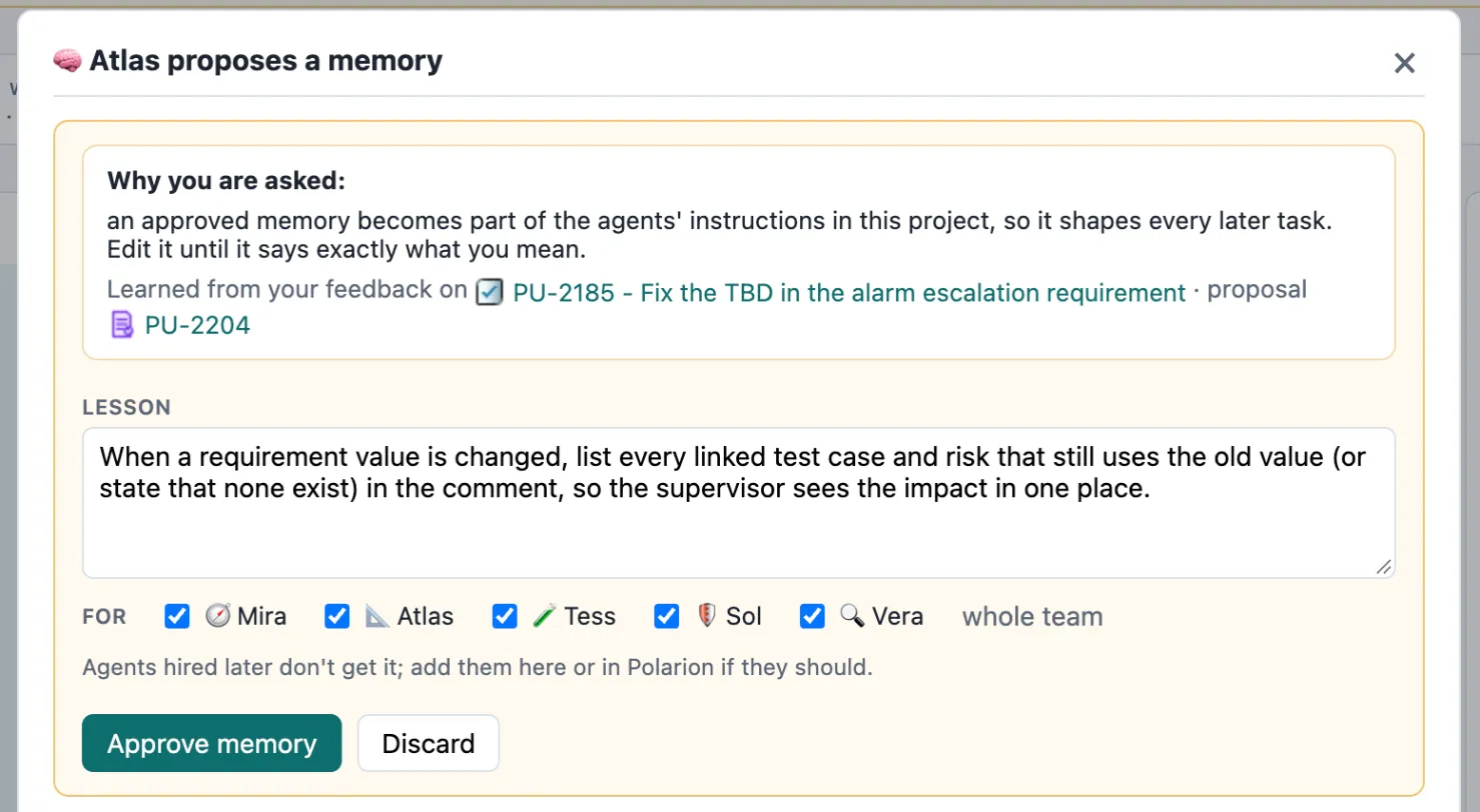 Review an agent’s proposed memory: edit, choose agents, approve