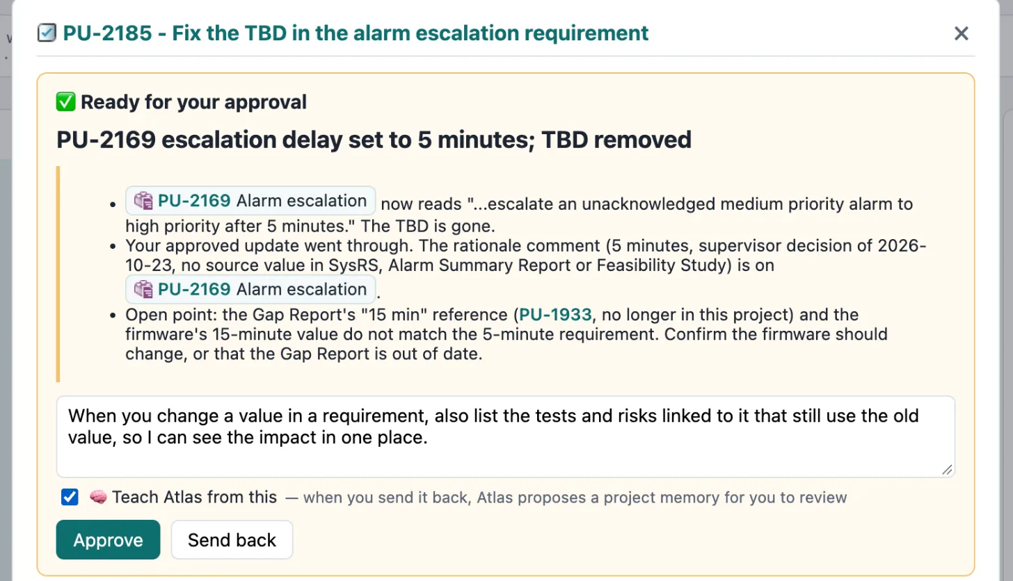 Review the result, send back with feedback and teach the agent