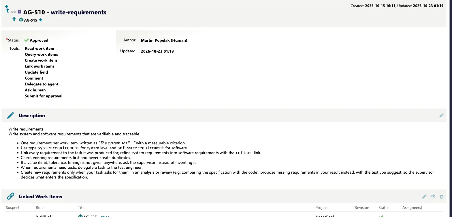 A skill work item: approved status, its tools and the instructions agents receive